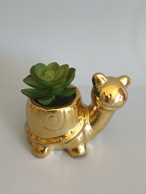 Gold Ceramic Turtle Pot with Faux Succulent